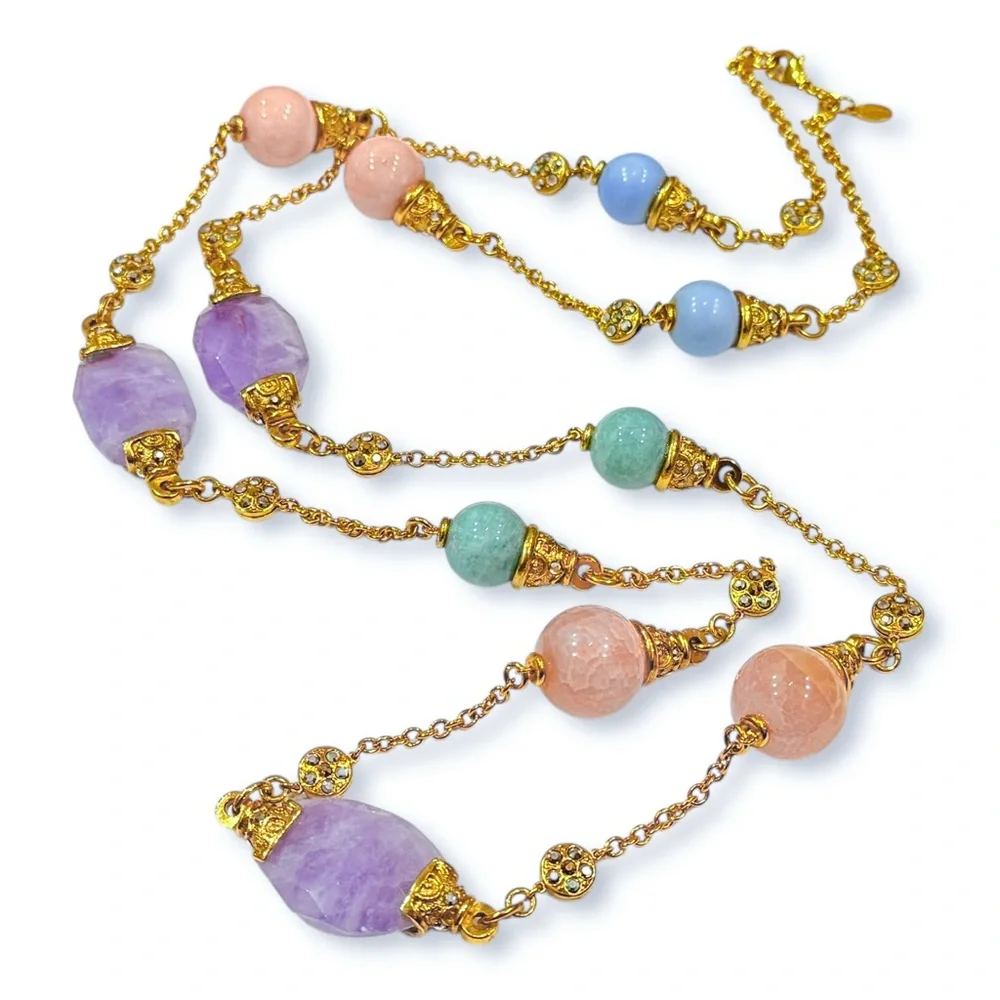 Barrera Long 48” Necklace with Multicolor Pastel Beads and Crystal Accents - Picture 1 of 17